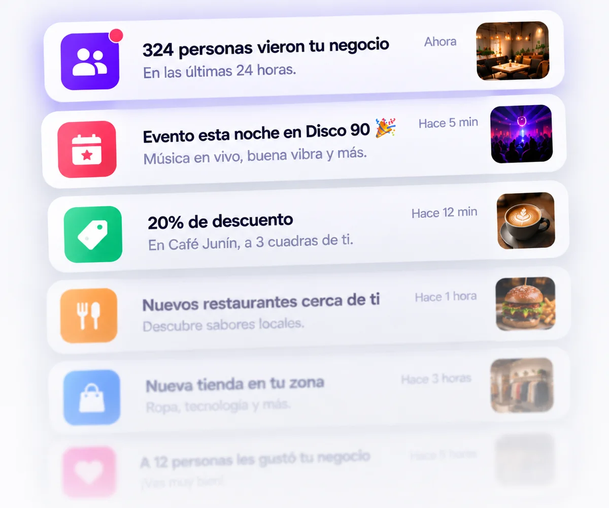 Notificaciones de CityUbi: personas que vieron un negocio, un evento esta noche y un descuento cercano